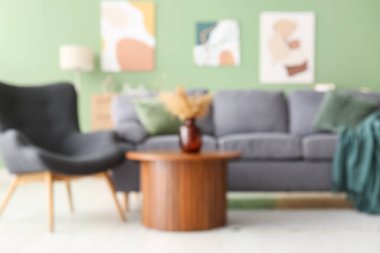 Oturma odasının içinde yumuşak kanepe, koltuk ve kahve masası. Bulanık görünüm