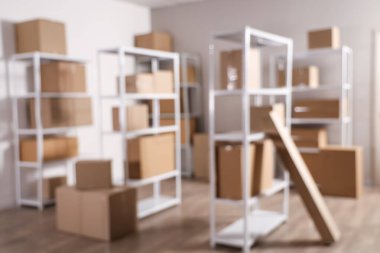 Raf birimleri ve karton kutularla dolu bulanık depo görüntüsü