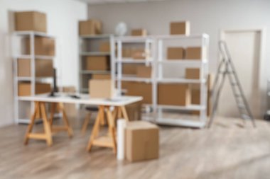 Raf üniteleri, karton kutular ve işyeriyle deponun bulanık görüntüsü