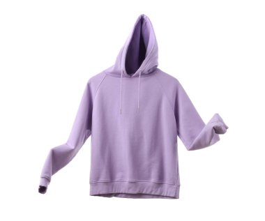 Beyaz arka planda uçan leylak kapüşonlu