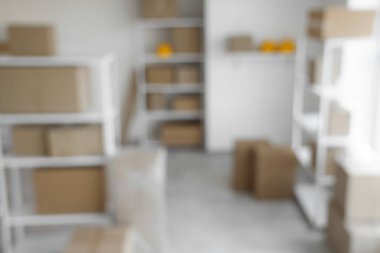 Raf birimleri ve karton kutularla dolu bulanık depo görüntüsü