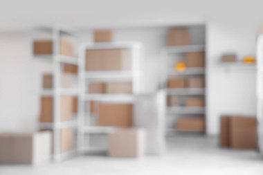 Raf birimleri ve karton kutularla dolu bulanık depo görüntüsü