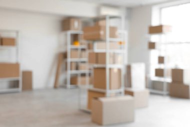 Raf birimleri ve karton kutularla dolu bulanık depo görüntüsü