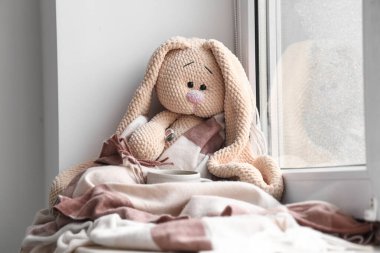 Ekoseli ve pencerenin yanında termometresi olan oyuncak tavşan. Soğuk kavram