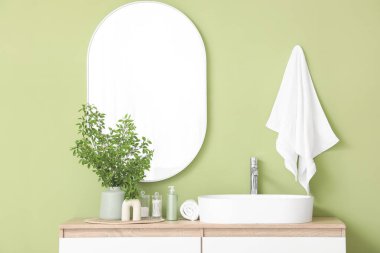 Banyonun içinde yeşil dallar ve lavabo var.