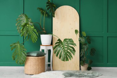 İçinde Monstera bitkileri, masa ve sepet olan bir oturma odası.