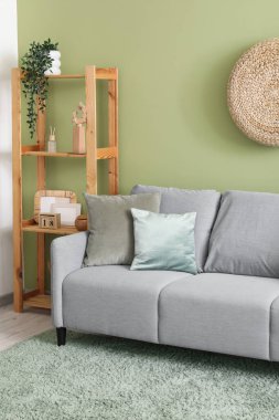 Gri kanepesi ve raf ünitesi olan şık bir oturma odası.