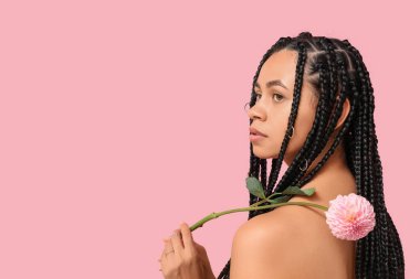 Pembe arka planda yıldız çiçeği olan güzel bir Afro-Amerikalı kadın.