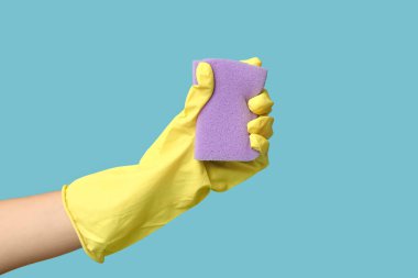 Mavi arka planda süngeri olan kadın eli. Küf temizleme kavramı