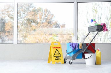 Oda penceresinin yanında temizlik malzemesi olan bir araba.