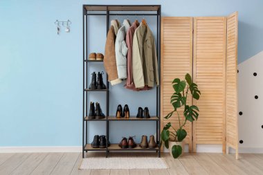 Rafların, çiçeklerin, katlanan ekranların ve mavi duvarların olduğu şık bir salonun içinde.