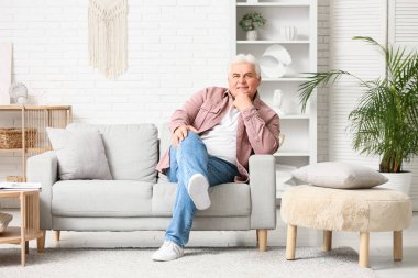 Oturma odasında kanepede oturan mutlu kıdemli adam.