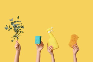Sarı arka planda deterjan, sünger ve bitki dalı olan kadın elleri.