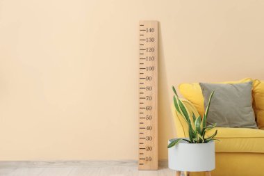 Oturma odasındaki bej duvarın yanında bitki ve stadyum bulunan sarı kanepe.