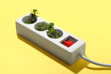 Sarı arka planda yaprakları olan çoklu soket. Yeşil teknoloji kavramı