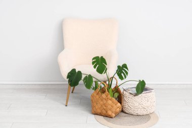 Koltuk, puf ve hasır sepet. Beyaz duvarın yanında Monstera bitkisi var. Yakın plan.