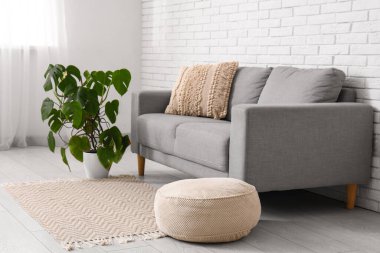 Pouf, kanepe ve Monstera bitkisi beyaz tuğla duvarın yanında, yakın plan.