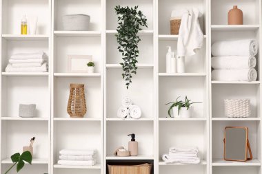 Beyaz raflarda bitkiler olan banyo aksesuarları.