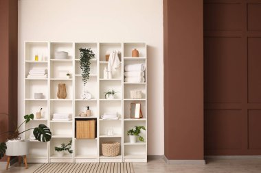 Banyo aksesuarları ve bitkilerle dolu büyük bir raf.