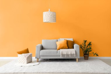 Rahat kanepesi, çiçekleri, lambası ve yastıkları olan beyaz oturma odası.