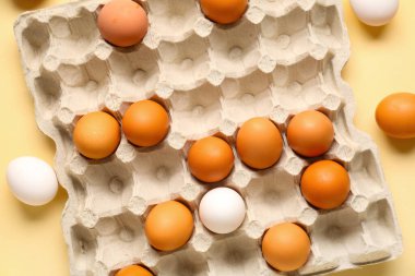 Sarı arka planda karton kutuda tavuk yumurtası.