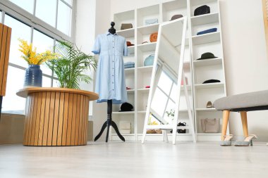 Manken, ayna ve raf üniteli giyim mağazasının içi.