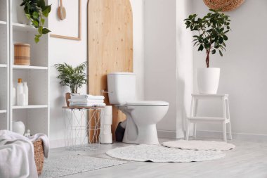 Tuvalet klozeti, kağıt rulo ve bitkilerle dolu bir tuvaletin içinde.