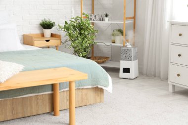 Modern nemlendirici ve ev bitkisi yatak odasının yanında.