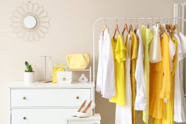 Elbise askısı, yüksek topuklu tabure ve butikte çekmeceler.