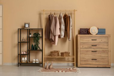 Giysi askısı, raf ünitesi ve klozeti olan soyunma odasının içinde.