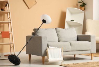 Gri kanepeli dağınık oturma odasının içi, standart lambayı ters çevirmiş ve depremden sonra rafları eğmiş.