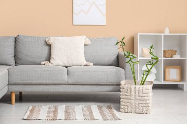 Hasır sepetinde gri kanepe ve bambu sapları olan şık bir oturma odası.