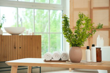 Kozmetik ürünleri, havlular ve pencerenin yanındaki bankta duran vazoda çiçek açan yeşil dallarla süslü banyo.