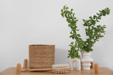 Beyaz duvarın yanındaki şık banyoda sepet ve masaj fırçasıyla çiçek açan vazolar.