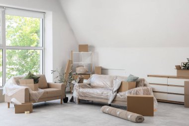 Taşınırken odada film ve karton kutularla kaplı kanepeler.