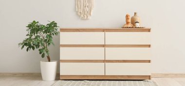 Klozet, duvar halısı ve bitkisi olan ışık odasının içinde.