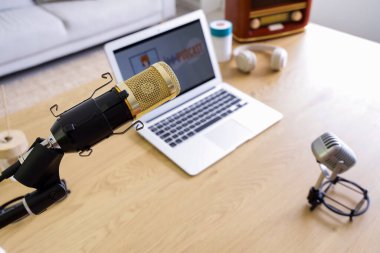 Podcaster 'ın stüdyosunda mikrofonla bekle.