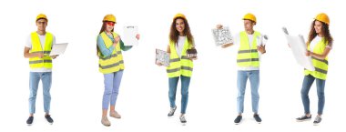 Beyaz zemin üzerinde koruyucu yelek giyen farklı mimarların kolajı