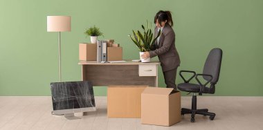 İş kadını taşınma gününde ofisteki masadan bitki alıyor.