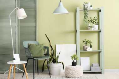 Koltuğu, raf ünitesi ve yeşil duvarın yanındaki sehpası olan modern bir oda.