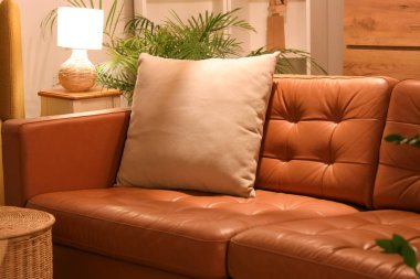 Akşamları kahverengi kanepe, yastık ve parlayan lambayla modern oturma odasının içinde.