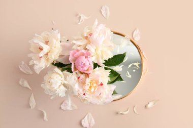 Ayna ve güzel şakayık çiçekleri bej arka planda