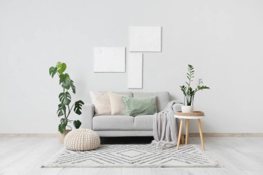 Gri kanepesi, çiçekleri ve resimleri olan modern bir oturma odası.