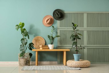 Ahşap bank, puf, katlanan ekran ve modern salonun içindeki yeşil duvarın yanındaki bitkiler.