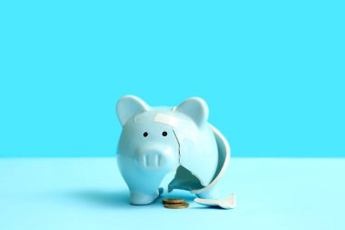 Kırık yamalı domuz kumbarası ve mavi arka planda parası var. İflas kavramı