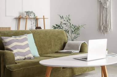 Oturma odasında rahat bir kanepe, sehpa, dizüstü bilgisayar ve zeytin ağacı var.