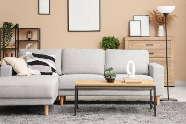 Gri kanepesi, sehpası ve resmi olan şık bir oturma odası.