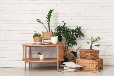 Beyaz tuğla duvarın yanında yeşil bitkilerle dolu masa ve hasır sepetler.