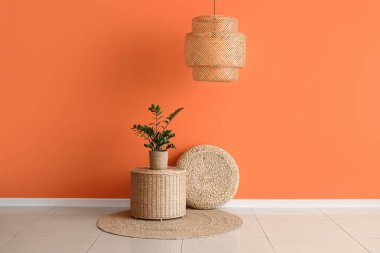 Pouf, ev bitkisi ve hasır masa turuncu duvarın yanında oturma odasının içinde.