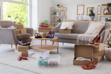 Oturma odasında farklı kadın ayakkabıları olan karton kutular.